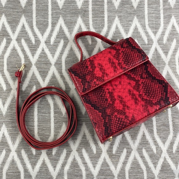None Handbags - Framed Bag Handbag or Crossbody Red Snakeskin Snap Closure Removable Strap